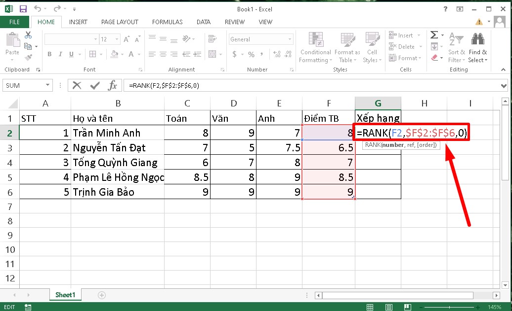 Công thức hàm Rank Excel 