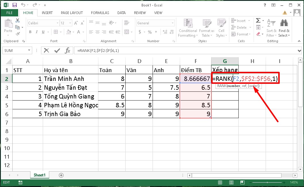 Sử dụng hàm Rank trong Excel để xếp hạng từ thấp đến cao bước 1