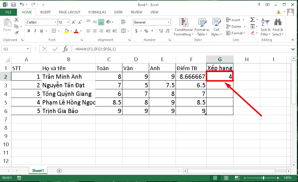 Sử dụng hàm Rank trong Excel để xếp hạng từ thấp đến cao bước 2