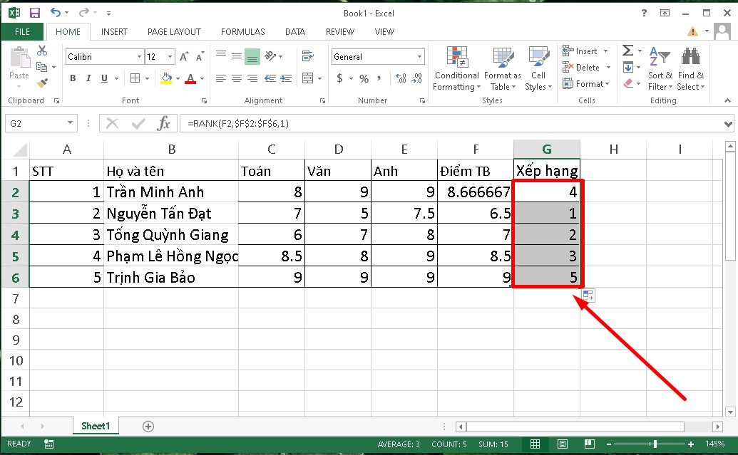 Sử dụng hàm Rank trong Excel để xếp hạng từ thấp đến cao bước 3