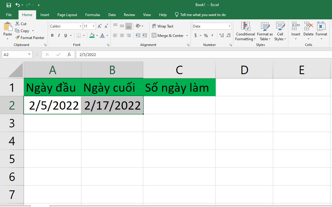 Cách sử dụng hàm trừ ngày trong Excel - bước 1
