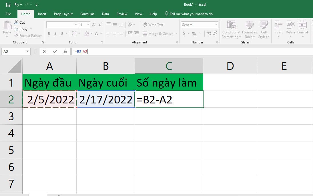 Cách sử dụng hàm trừ ngày trong Excel - bước 2