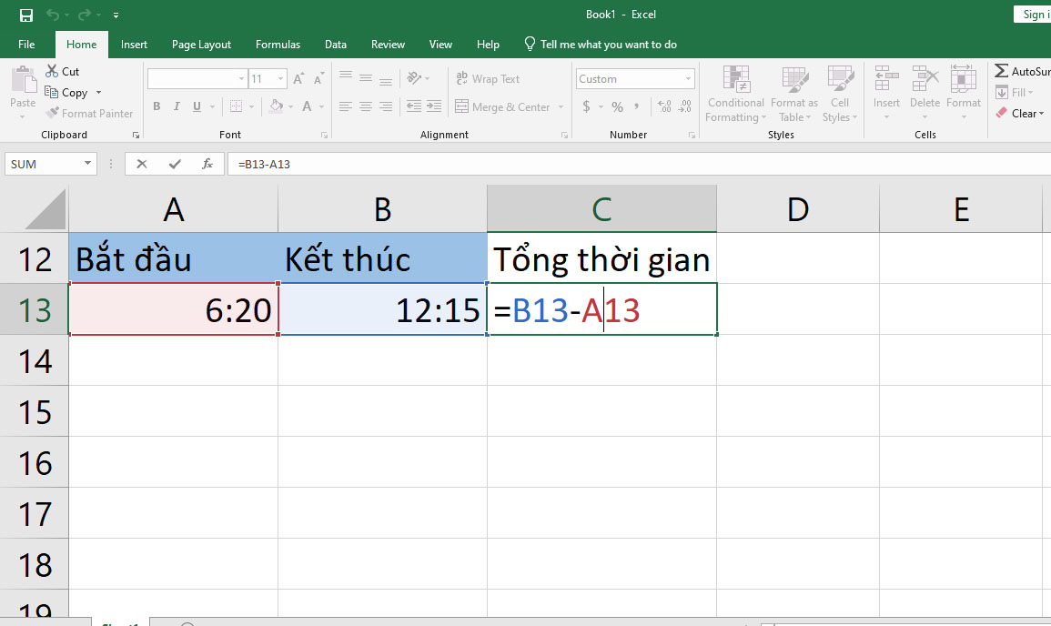Hướng dẫn cách sử dụng hàm trừ thời gian trong Excel - bước 1