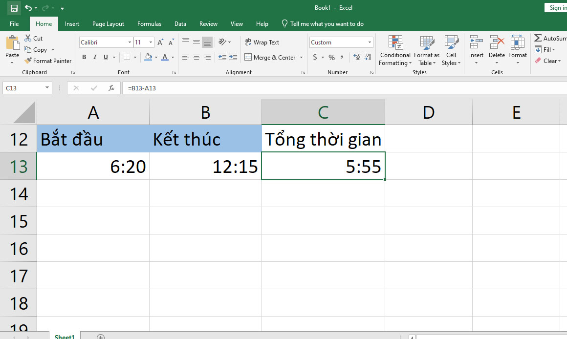Hướng dẫn cách sử dụng hàm trừ thời gian trong Excel - bước 2