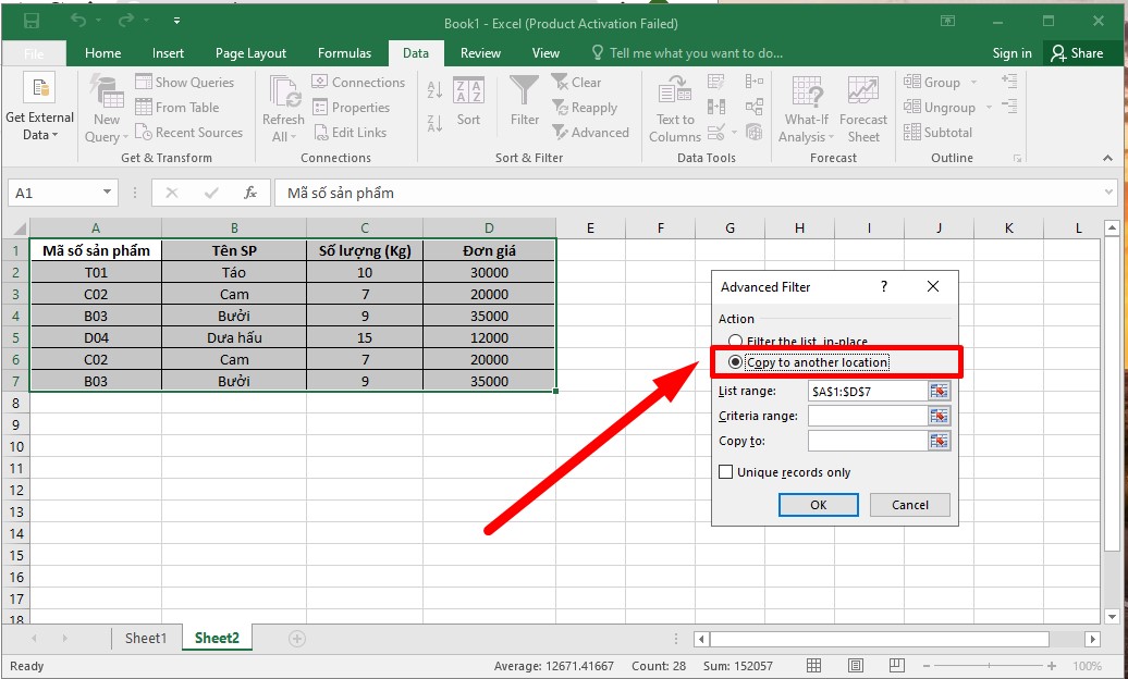 Cách lọc danh sách trùng trong Excel bằng Advanced Filter bước 3