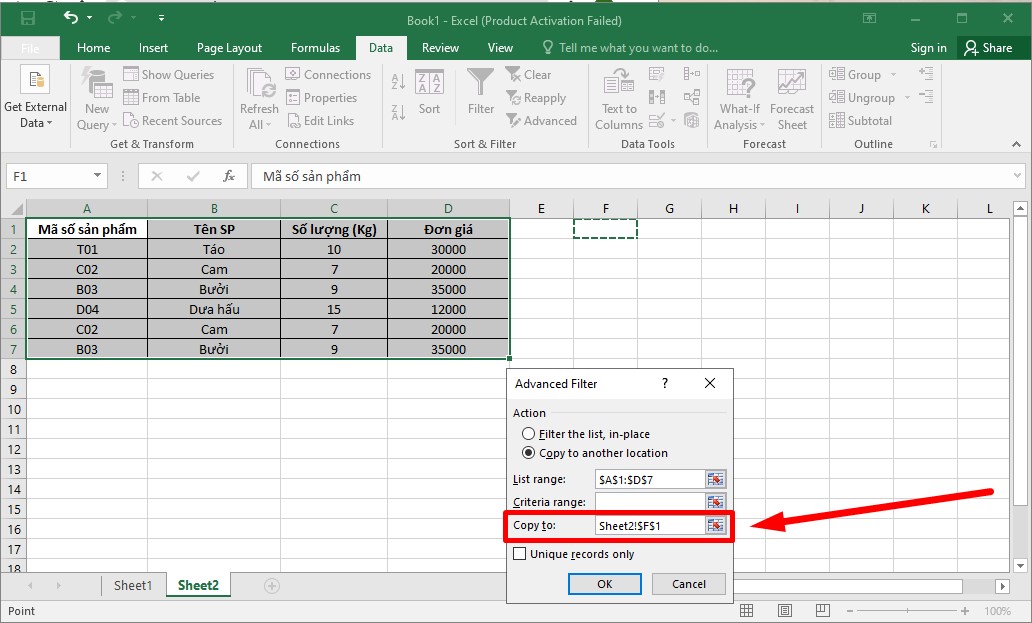 Cách lọc danh sách trùng trong Excel bằng Advanced Filter bước 4