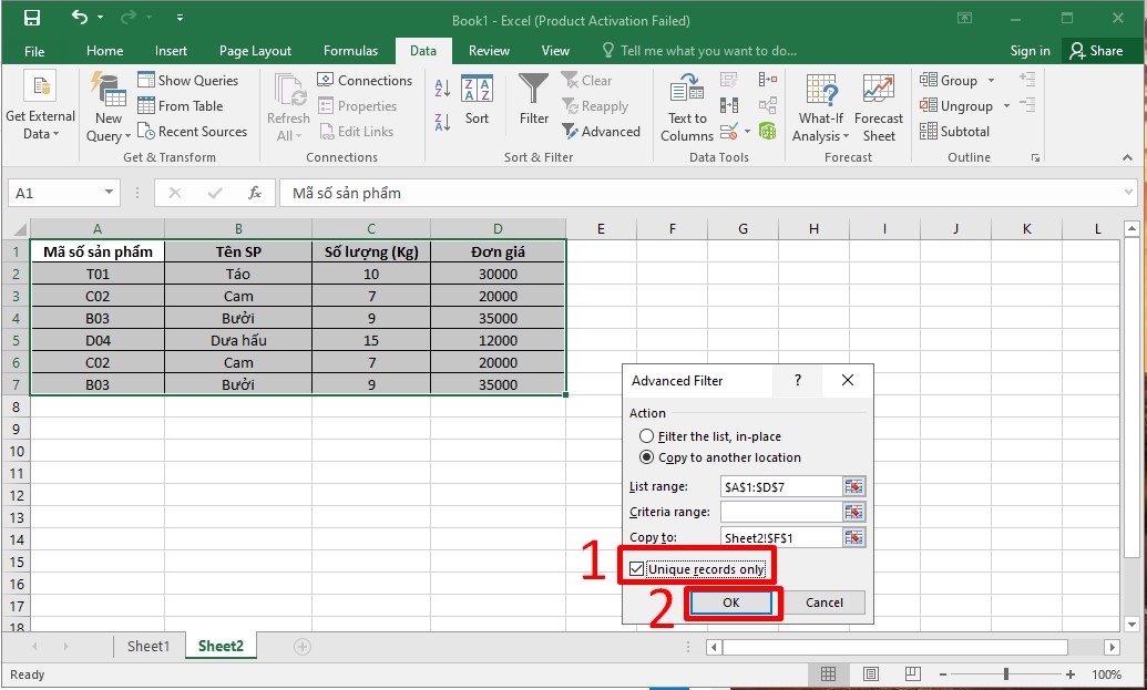 Cách lọc danh sách trùng trong Excel bằng Advanced Filter bước 5
