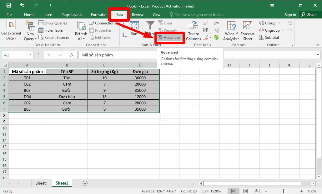 Cách lọc danh sách trùng trong Excel bằng Advanced Filter bước 2