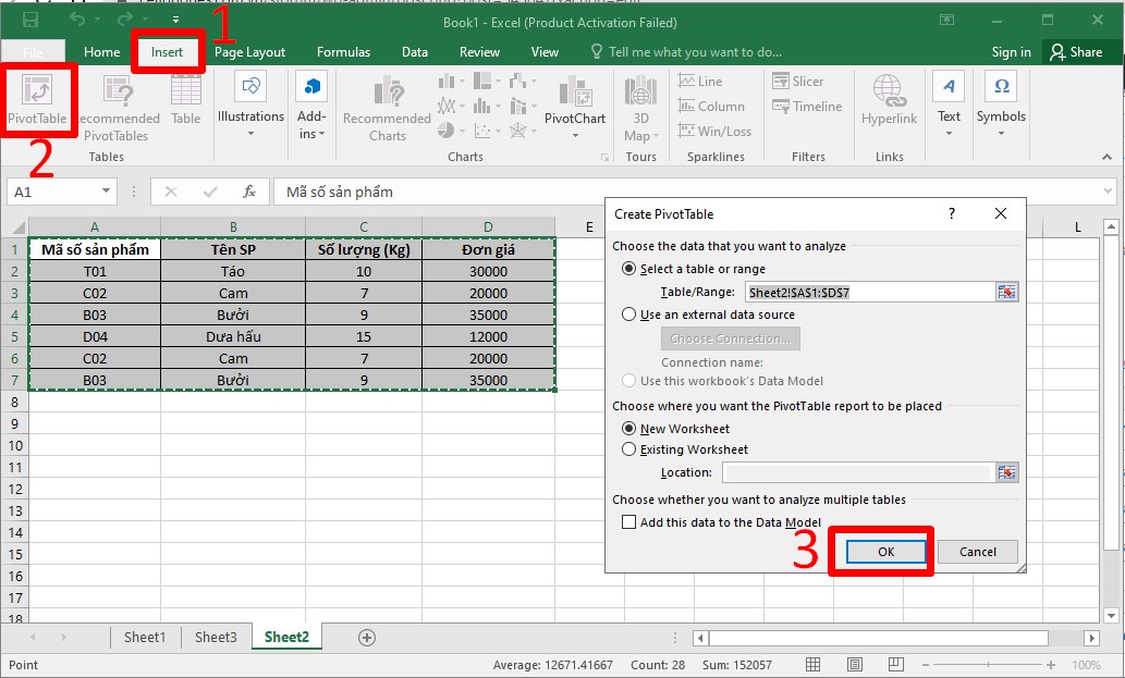 Cách lọc tên trùng trong Excel bằng Pivot Table bước 1