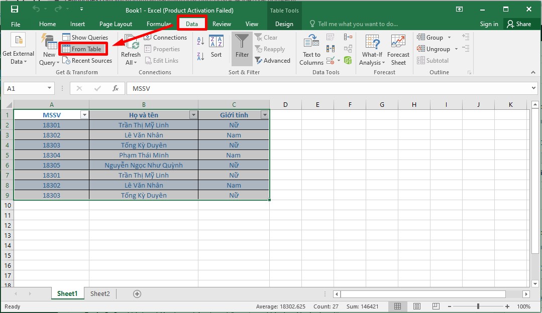 Check trùng trong Excel bằng Power Query bước 1