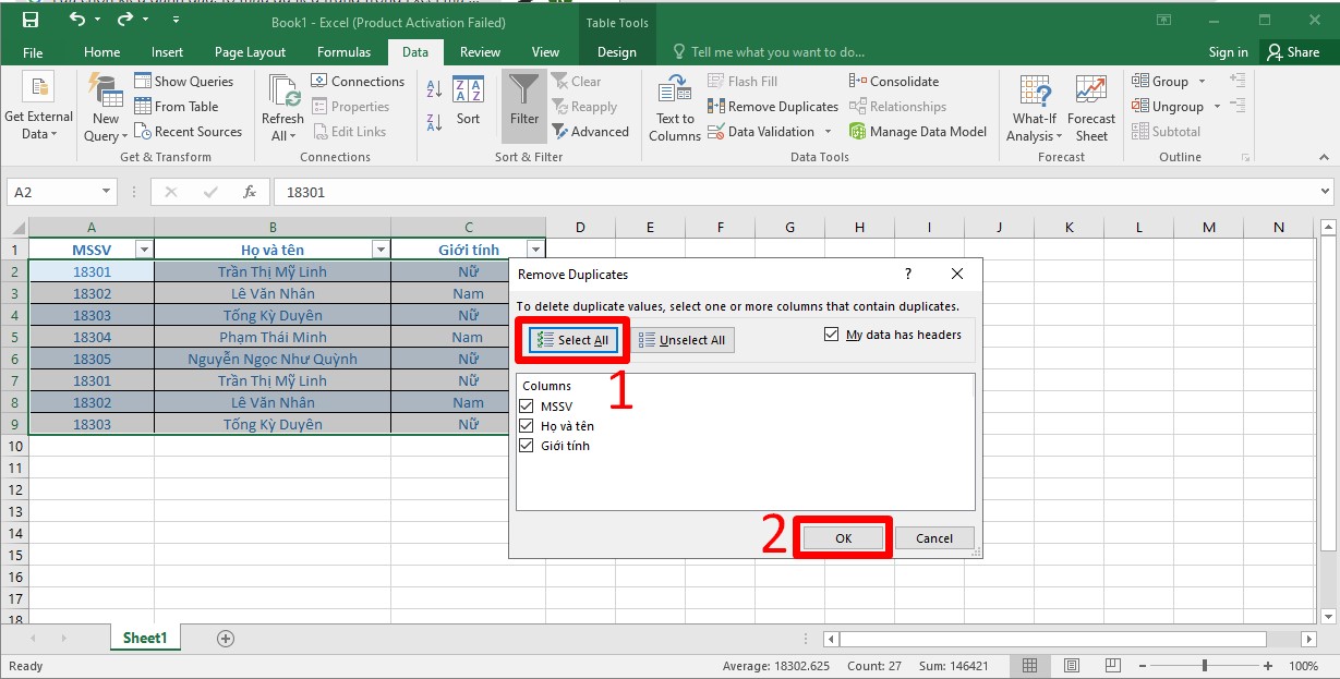 Cách lọc dữ liệu trùng trong Excel bằng Remove Duplicate bước 4