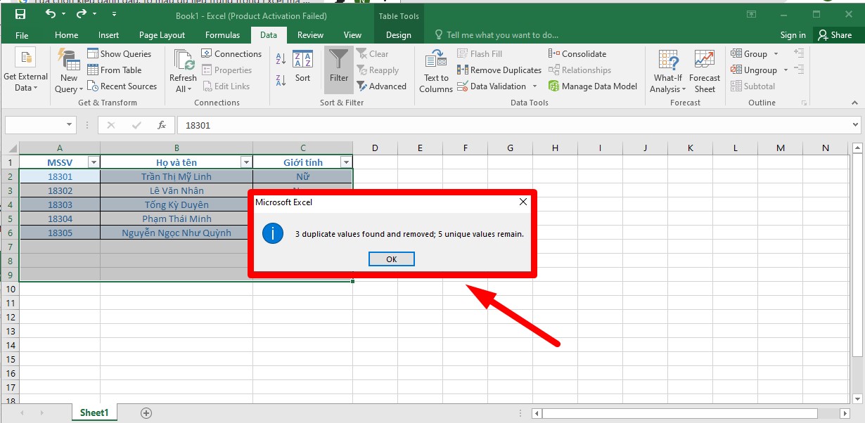 Cách lọc dữ liệu trùng trong Excel bằng Remove Duplicate bước 5