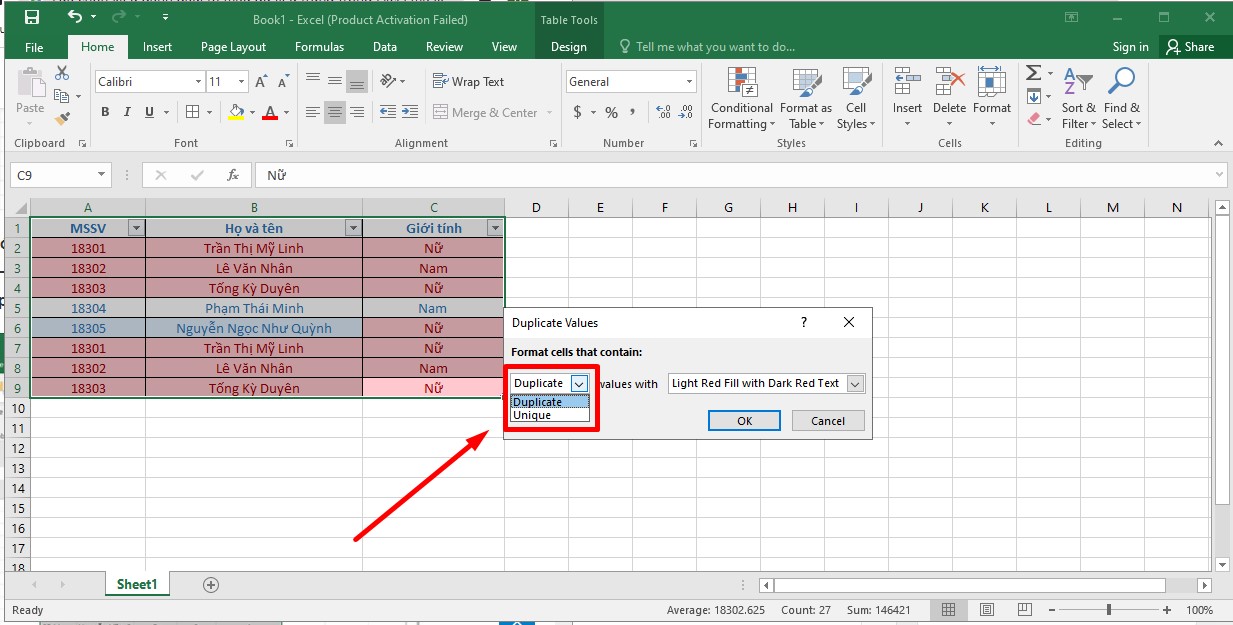 Sử dụng Conditional Formatting để tìm dữ liệu trùng trong Excel và lọc giá trị trùng trong Excel  bước 3