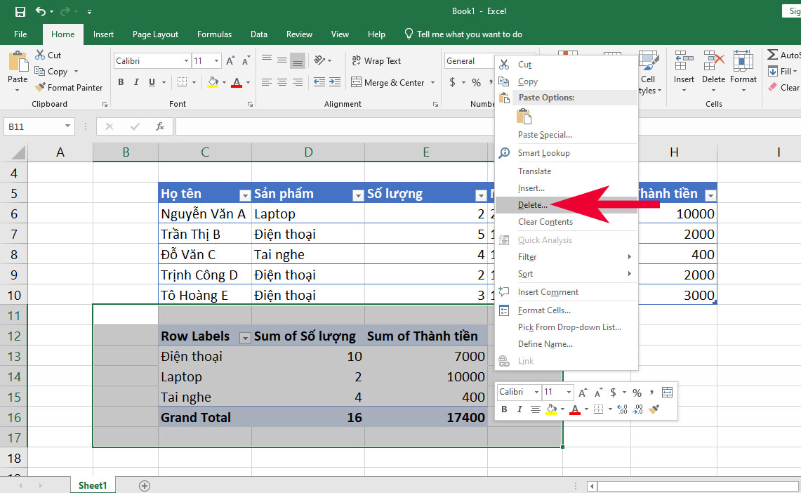 Hướng dẫn cách xóa hoàn toàn bảng PivotTable trong Excel - bước 2