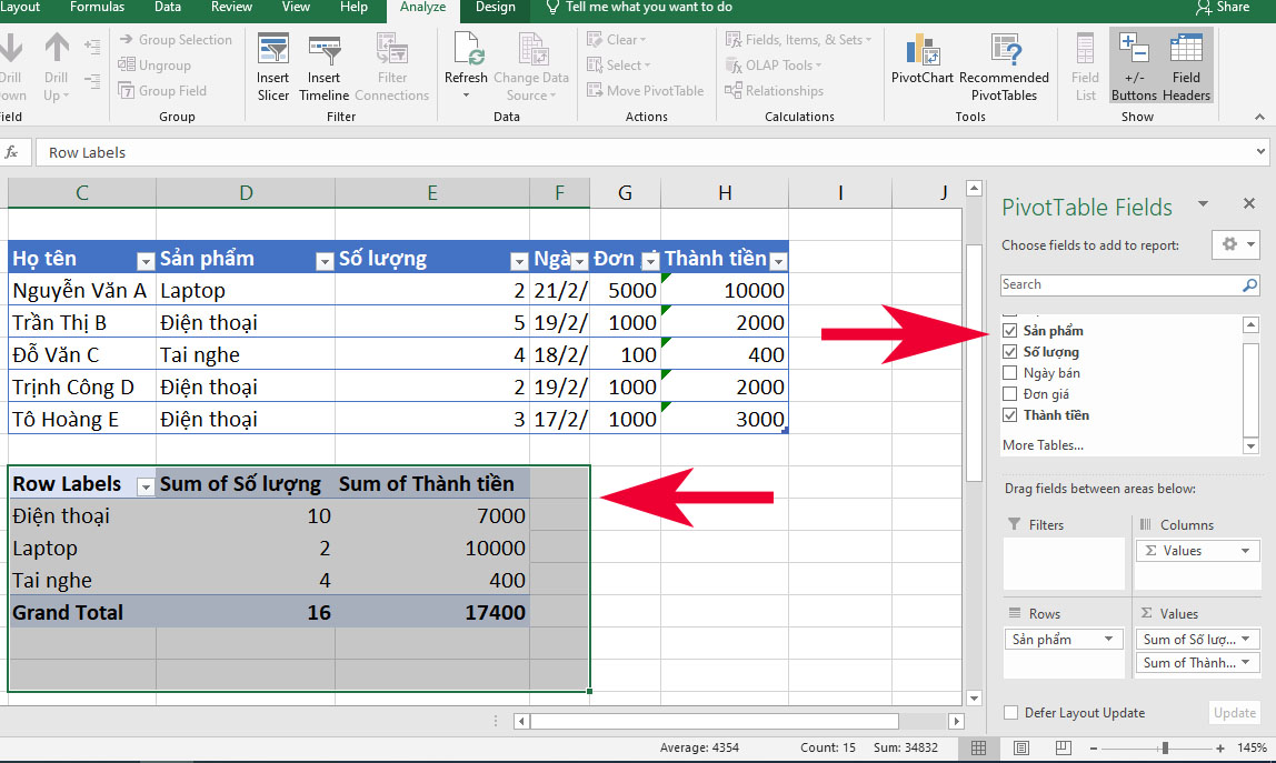 Hướng dẫn cách dùng PivotTable trong Excel để thống kê dữ liệu đơn giản - bước 5