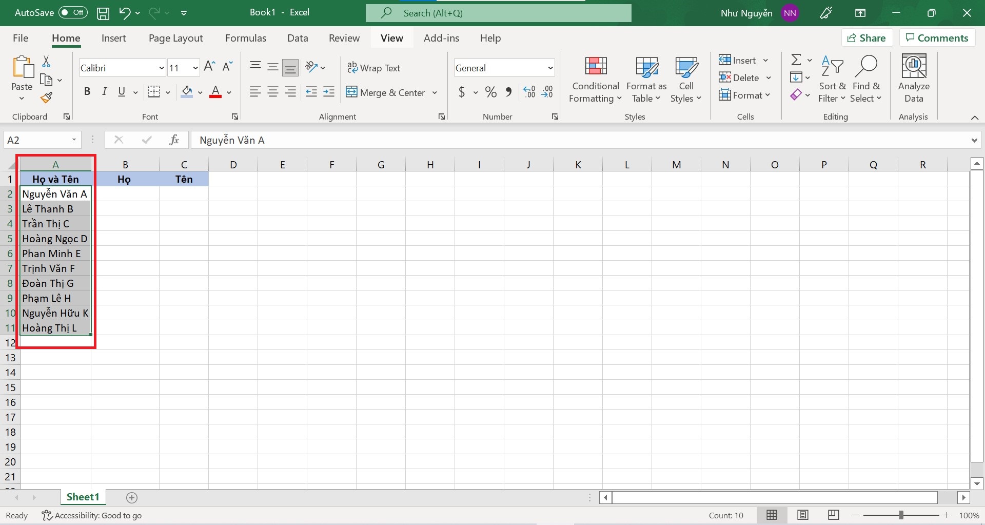 Cách tách tên trong Excel bằng công cụ Text to Columns - bước 1