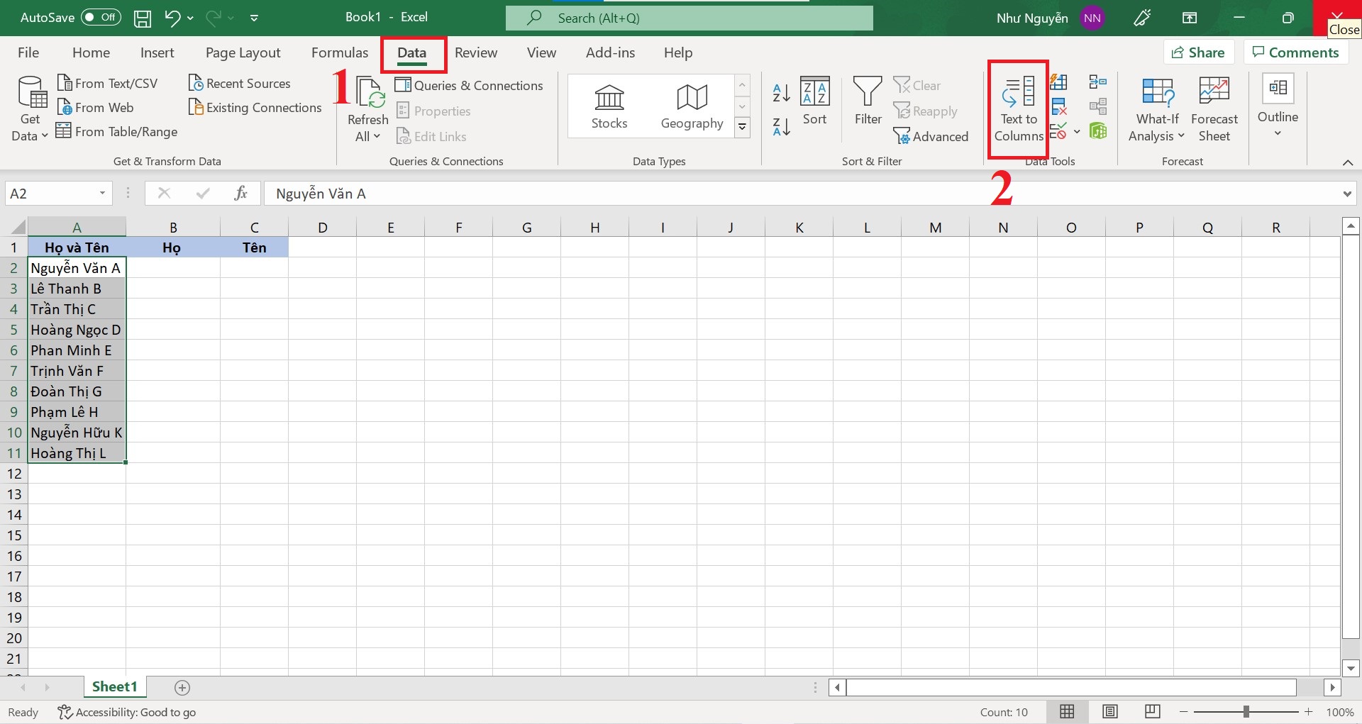 Cách tách tên trong Excel bằng công cụ Text to Columns - bước 2