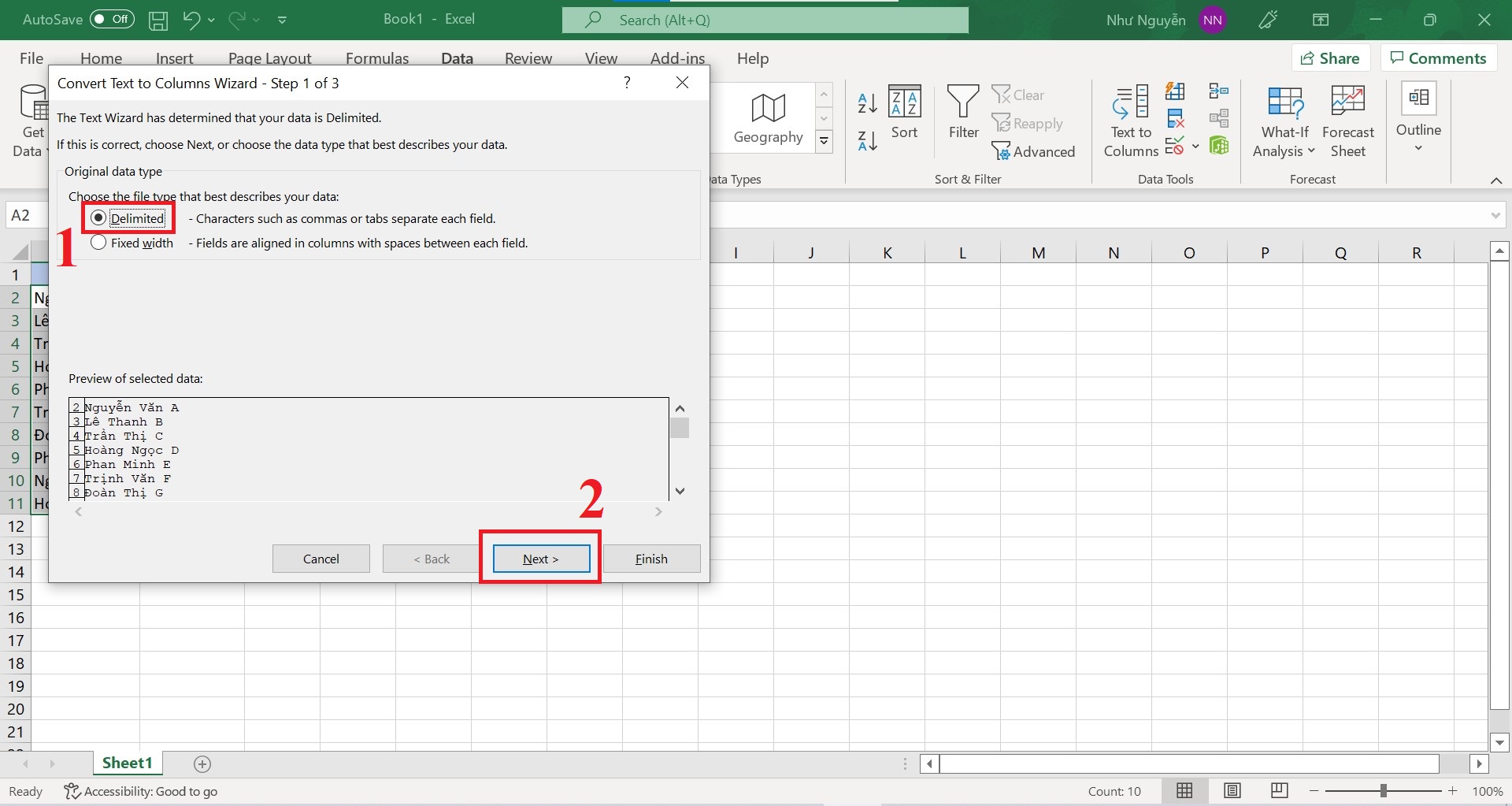 Cách tách tên trong Excel bằng công cụ Text to Columns - bước 3