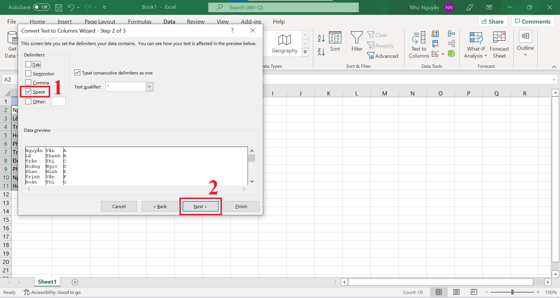 Cách tách tên trong Excel bằng công cụ Text to Columns - bước 4