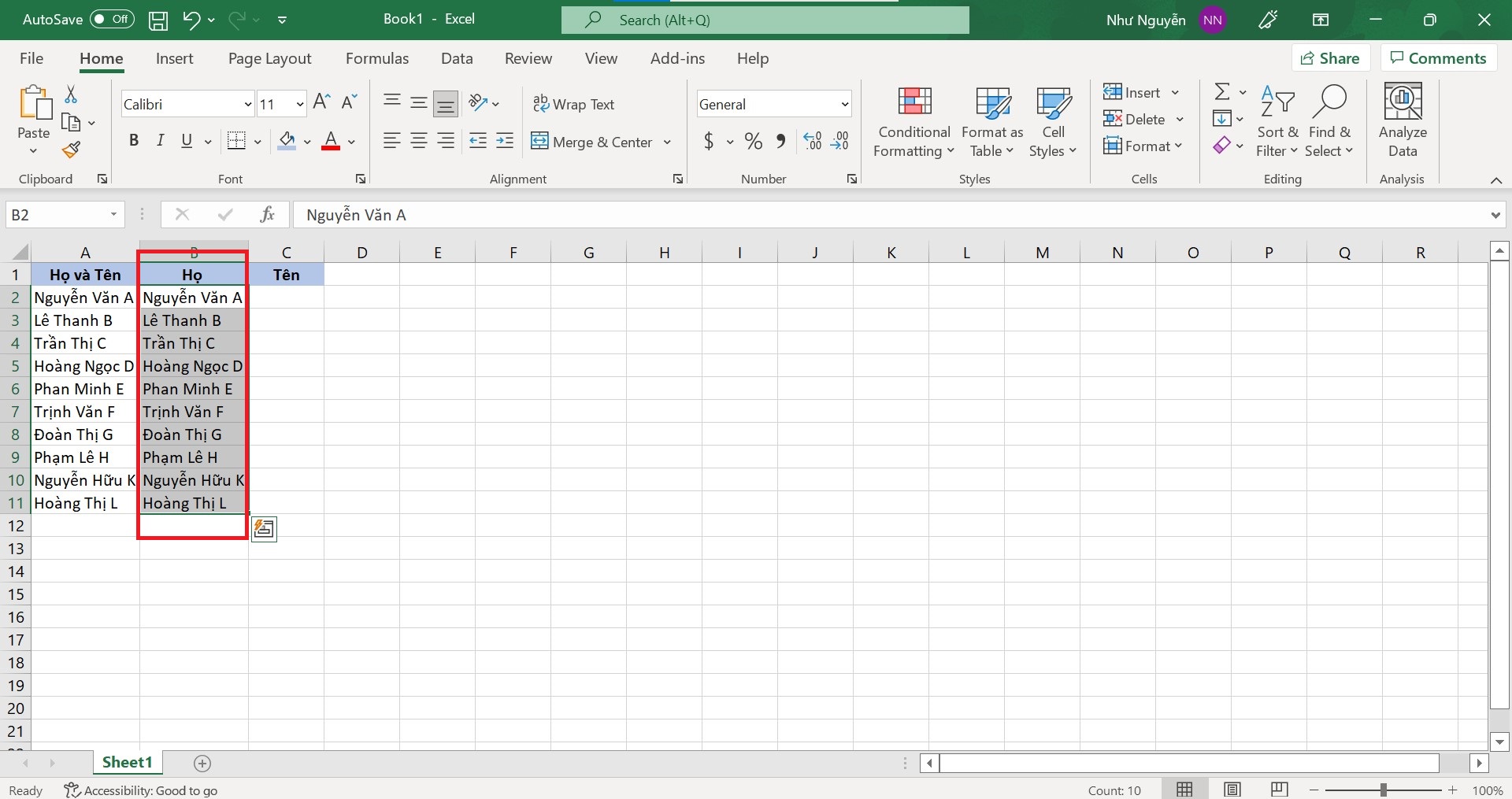 Cách tách tên trong Excel bằng hộp thoại Find and Replace - tách họ bước 1