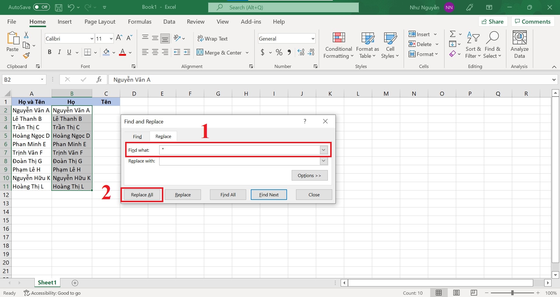 Cách tách tên trong Excel bằng hộp thoại Find and Replace - tách họ bước 2