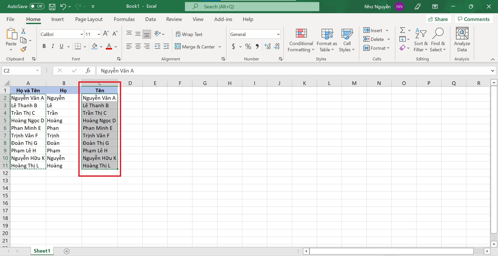 Cách tách tên trong Excel bằng hộp thoại Find and Replace - tách tên bước 1