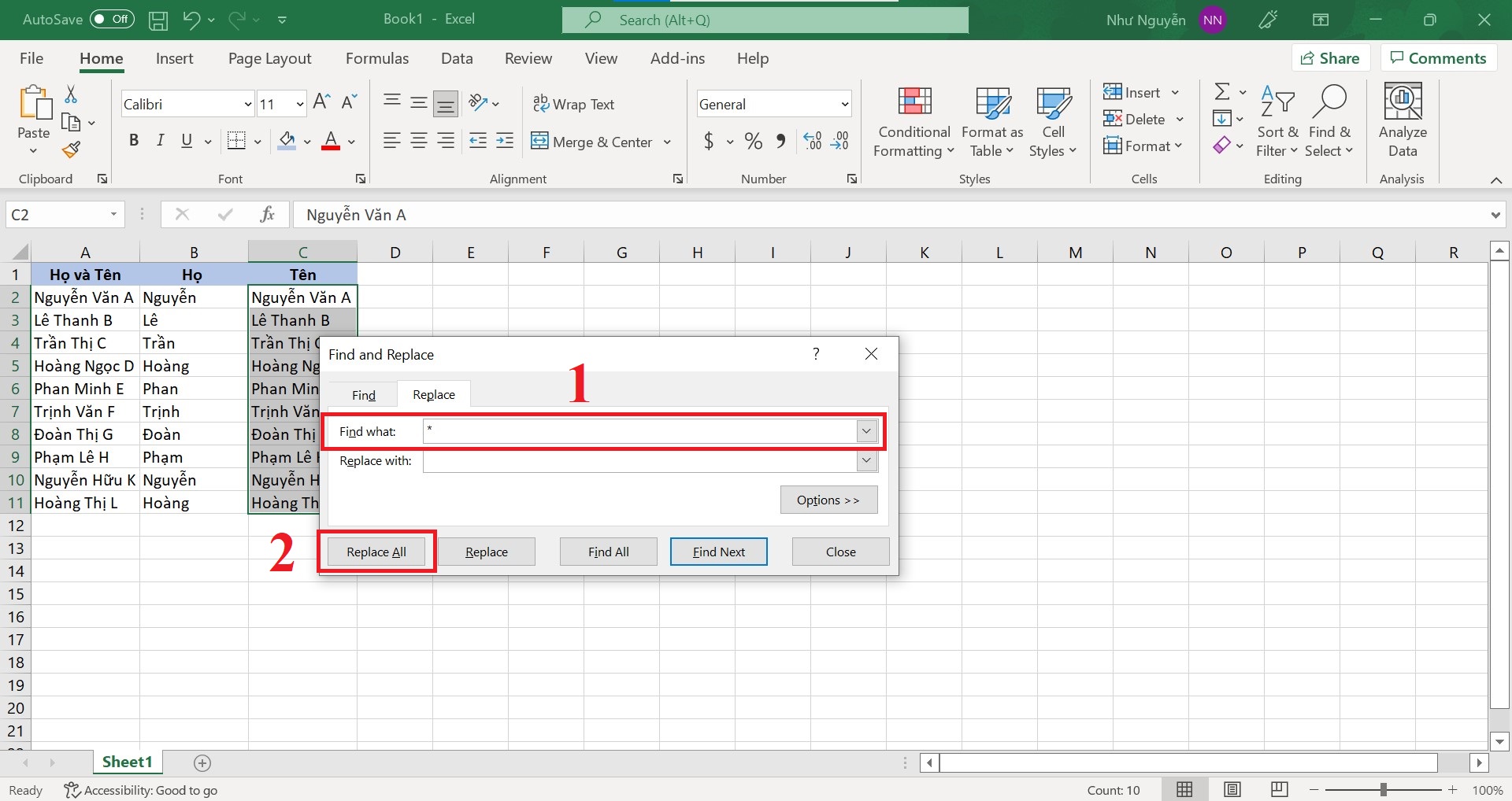 Cách tách tên trong Excel bằng hộp thoại Find and Replace - tách tên bước 2