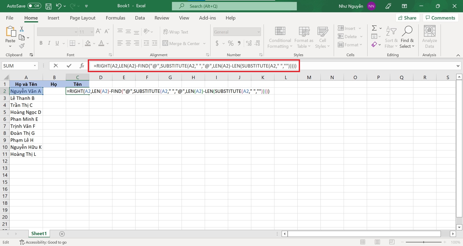 Cách tách tên trong Excel bằng hàm kết hợp - tách tên bước 1