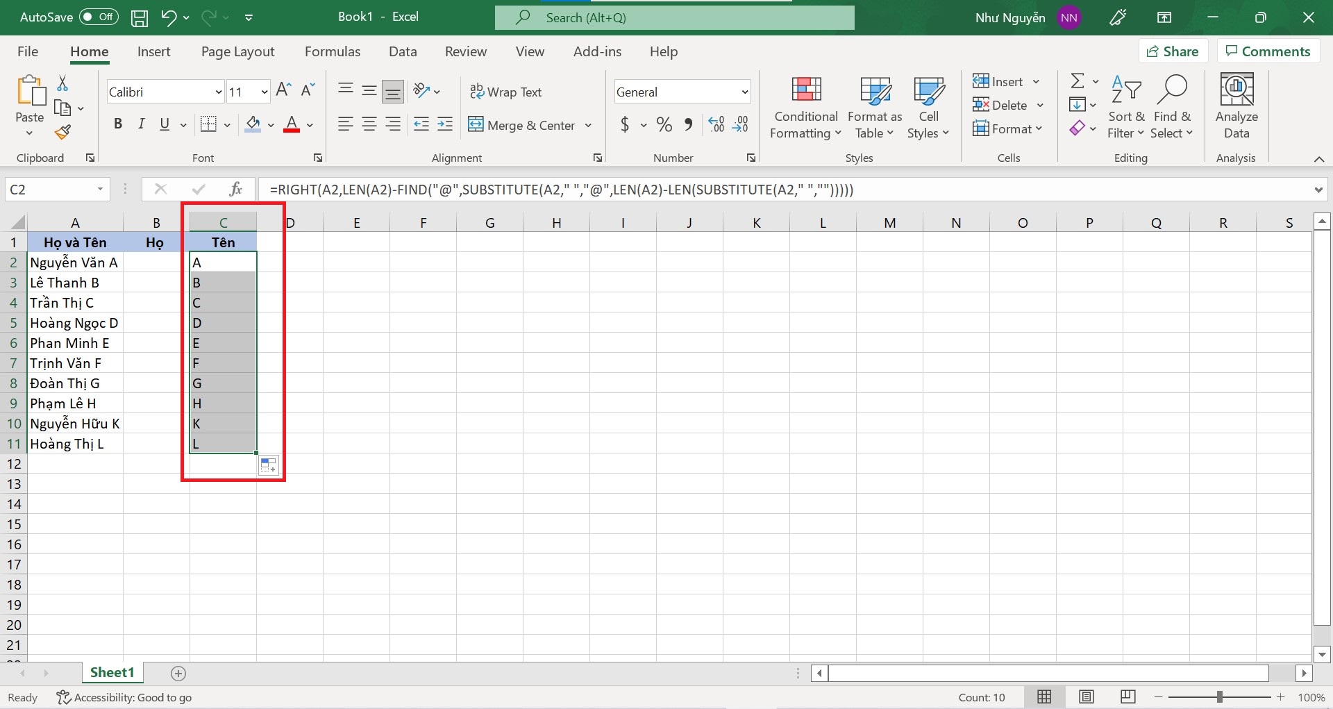 Cách tách tên trong Excel bằng hàm kết hợp - tách tên bước 2