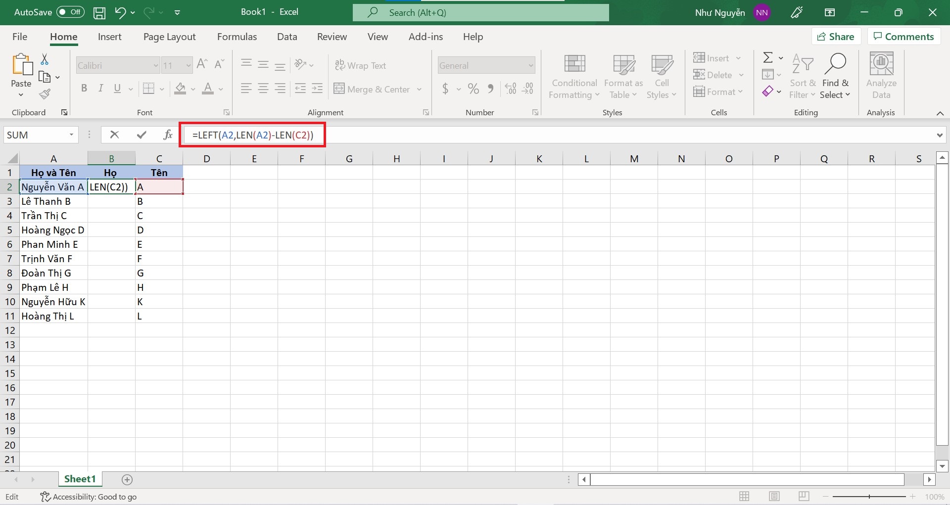 Cách tách tên trong Excel bằng hàm kết hợp - tách họ bước 1