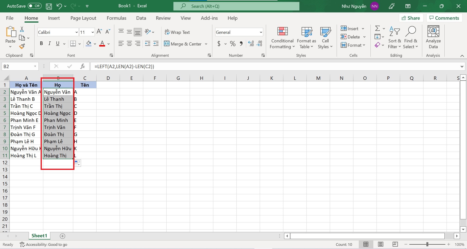 Cách tách tên trong Excel bằng hàm kết hợp - tách họ bước 2