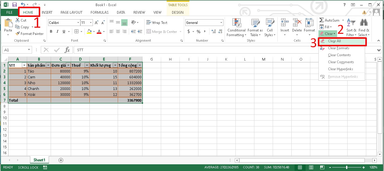 Cách xoá bảng trong Excel đơn giản bước 2