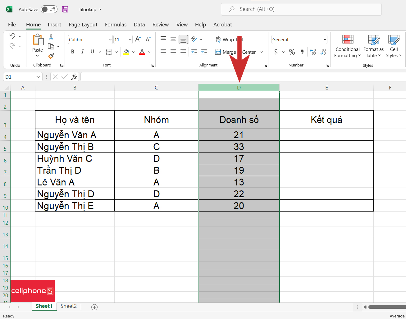 Cách chèn một cột trong Excel - bước 1