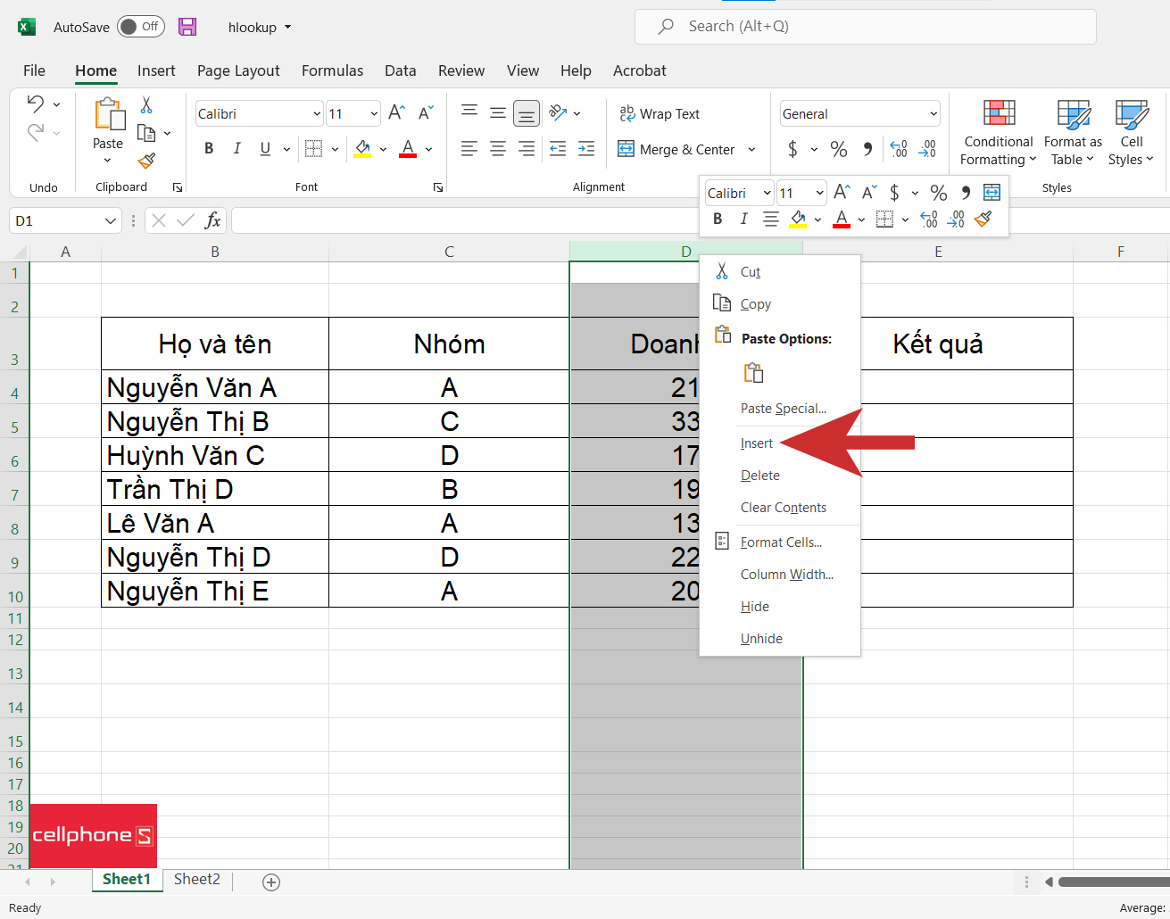 Cách chèn một cột trong Excel - bước 2