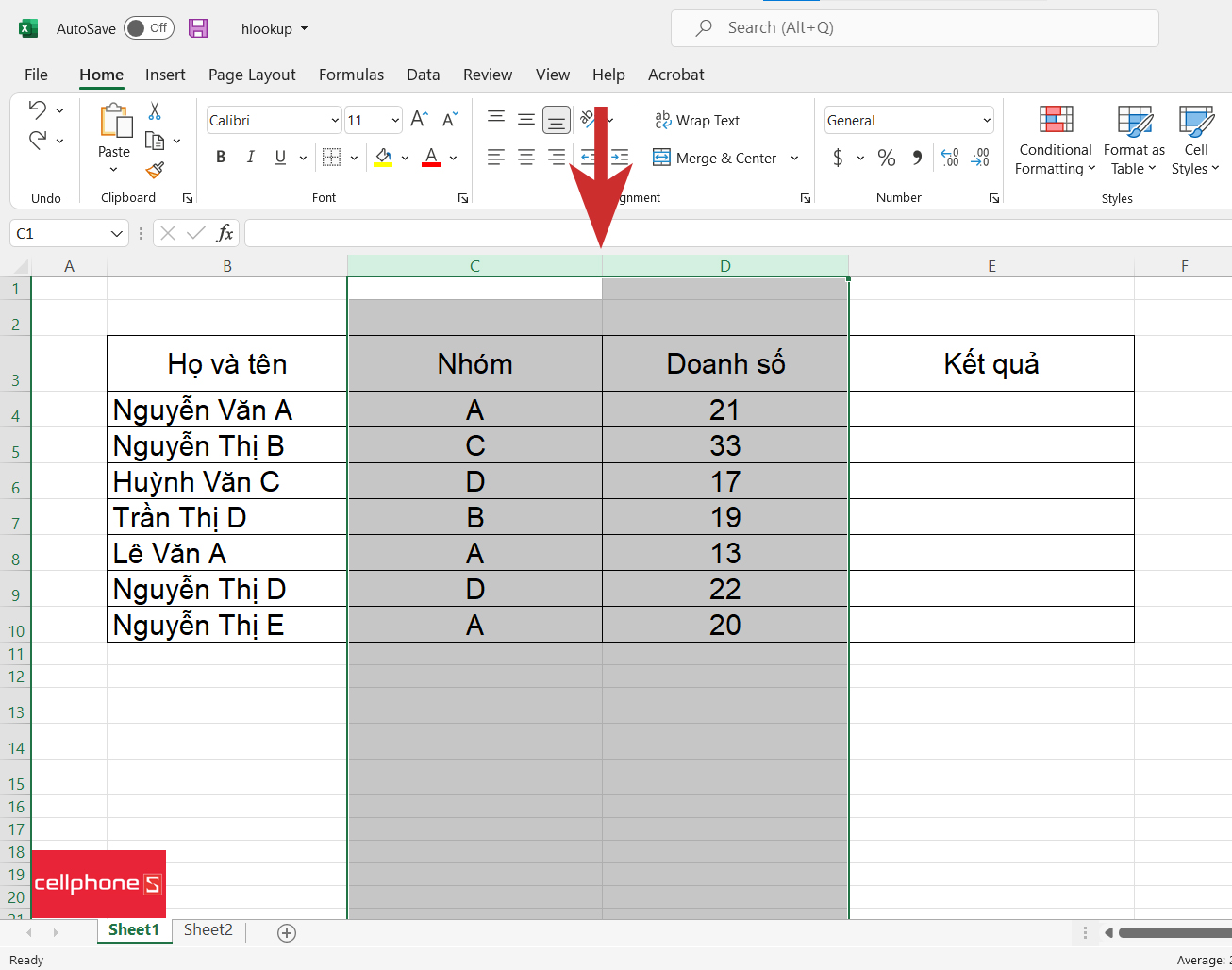 Hướng dẫn cách thêm nhiều cột trong Excel - bước 1