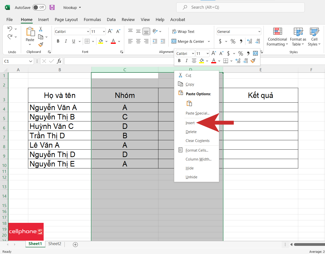 Hướng dẫn cách thêm nhiều cột trong Excel - bước 2
