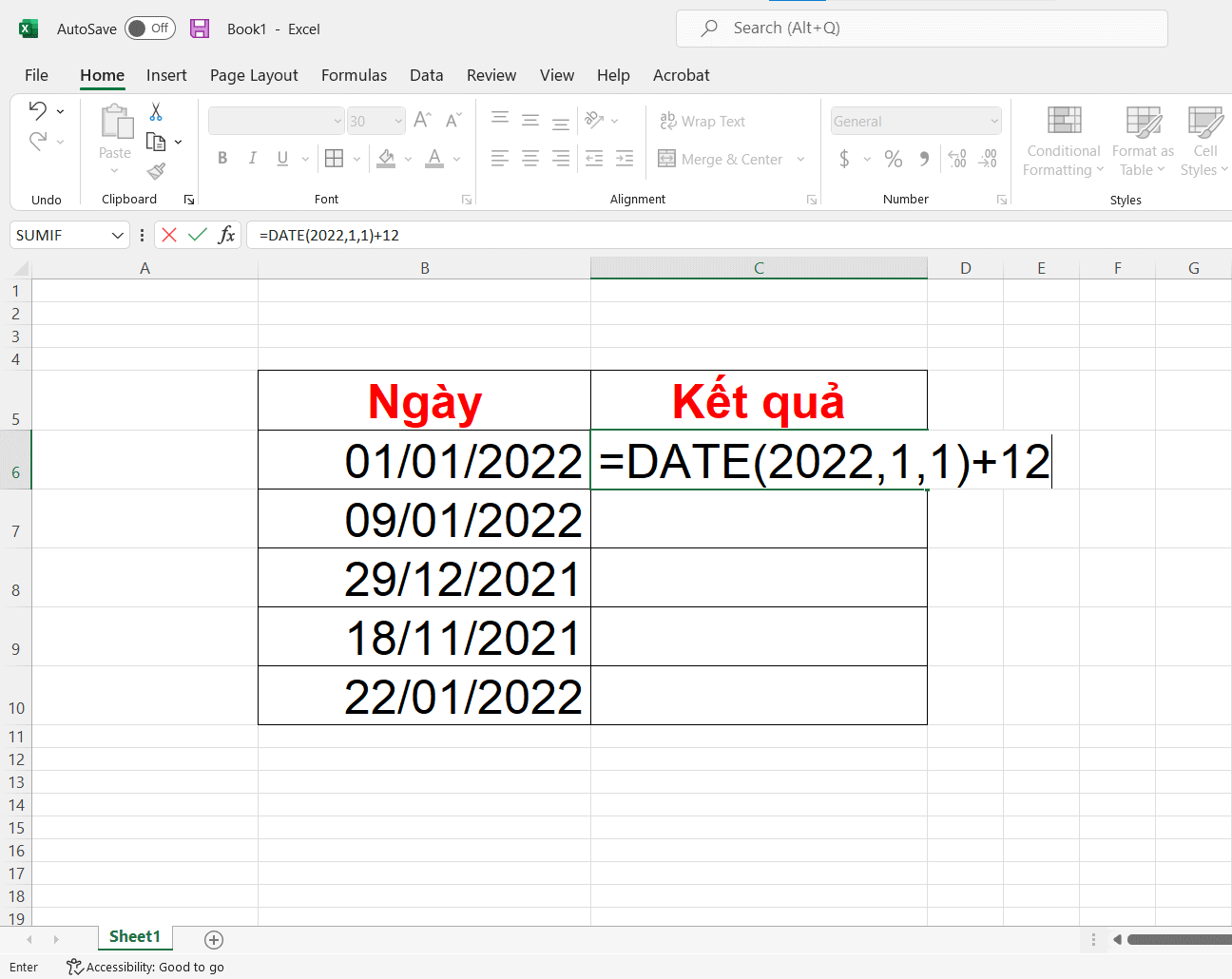 Cách tính số ngày trong Excel bằng cách cộng thêm số ngày, tuần, tháng - bước 1