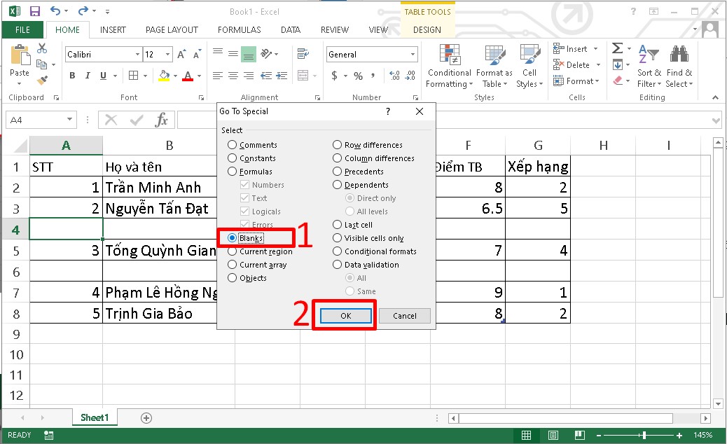 Xóa dòng trống trong Excel bằng phím tắt  bước 2