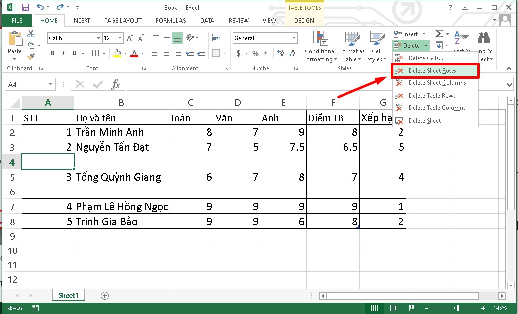 Xóa dòng trống trong Excel bằng phím tắt  bước 3