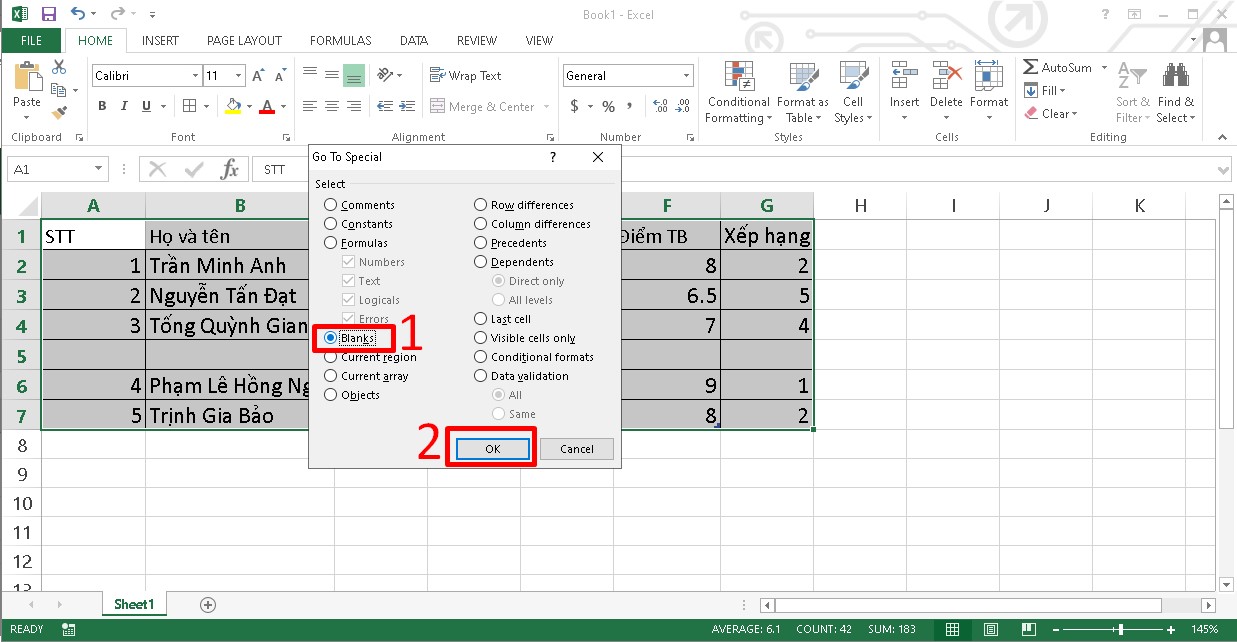 Xóa ô trống trong Excel bằng lệnh Go to Special bước 3