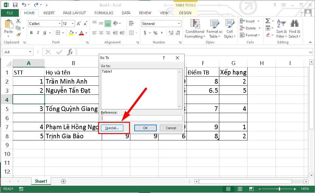 Xóa dòng trống trong Excel bằng phím tắt  bước 1